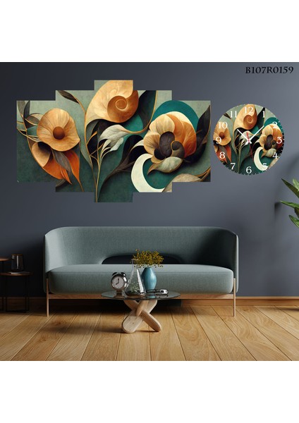 5 Parçalı Dekoratif Ahşap Duvar Tablosu ve Saati 60X124 cm