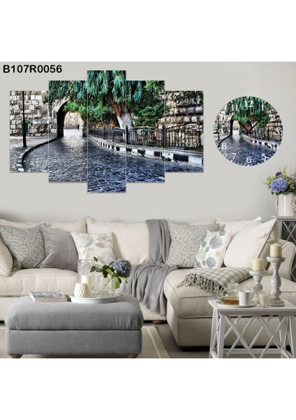 5 Parçalı Dekoratif Ahşap Duvar Tablosu ve Saati 60X124 cm