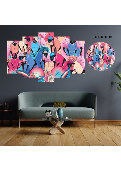 5 Parçalı Dekoratif Ahşap Duvar Tablosu ve Saati 60X124 cm