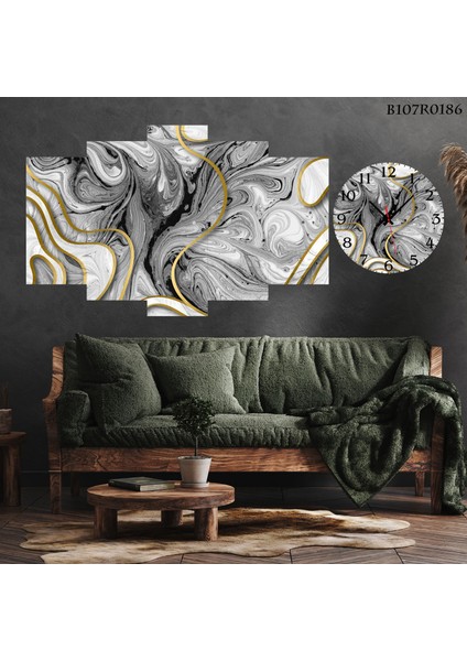 5 Parçalı Dekoratif Ahşap Duvar Tablosu ve Saati 60X124 cm