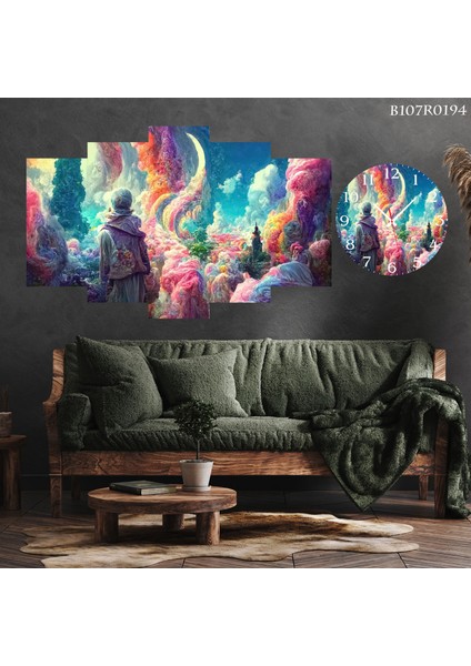 5 Parçalı Dekoratif Ahşap Duvar Tablosu ve Saati 60X124 cm