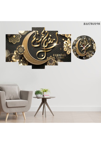 5 Parçalı Dekoratif Ahşap Duvar Tablosu ve Saati 60X124 cm