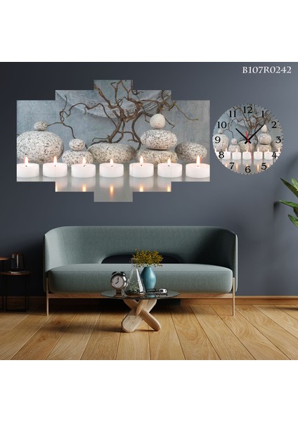 5 Parçalı Dekoratif Ahşap Duvar Tablosu ve Saati 60X124 cm