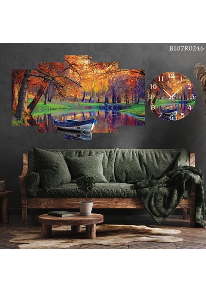 5 Parçalı Dekoratif Ahşap Duvar Tablosu ve Saati 60X124 cm