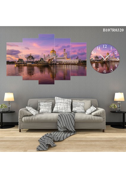 5 Parçalı Dekoratif Ahşap Duvar Tablosu ve Saati 60X124 cm