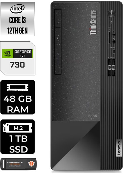 Thinkcentre Neo 50T Intel Core I3 12100 48GB 1tb SSD GT730/4GB Fdos 11SC001ATX Masaüstü Bilgisayar & Per4 USB Bellek 11SC001ATXP343