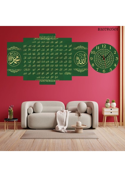 5 Parçalı Dekoratif Ahşap Duvar Tablosu ve Saati 60X124 cm
