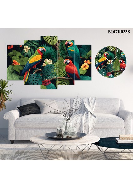5 Parçalı Dekoratif Ahşap Duvar Tablosu ve Saati 60X124 cm