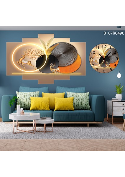 5 Parçalı Dekoratif Ahşap Duvar Tablosu ve Saati 60X124 cm