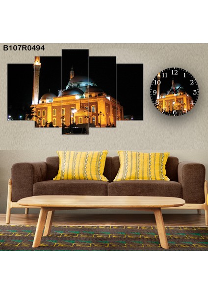 5 Parçalı Dekoratif Ahşap Duvar Tablosu ve Saati 60X124 cm