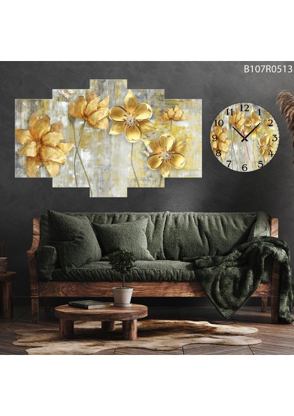 5 Parçalı Dekoratif Ahşap Duvar Tablosu ve Saati 60X124 cm