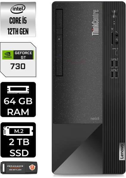 Thinkcentre Neo 50T Intel Core I5 12400 64GB 2tb SSD GT730/4GB W11H 11SE00BJTX Masaüstü Bilgisayar & Per4 USB Bellek 11SE00BJTXP399