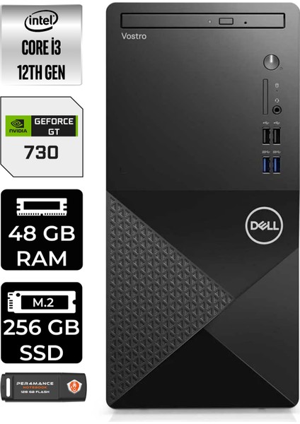 Vostro 3910MT Intel Core I3 12100 48GB 256GB SSD GT730/4GB Fdos N3563VDT3910 Masaüstü Bilgisayar & Per4 USB Bellek N3563VDT3910P341