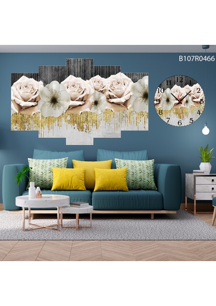 5 Parçalı Dekoratif Ahşap Duvar Tablosu ve Saati 60X124 cm