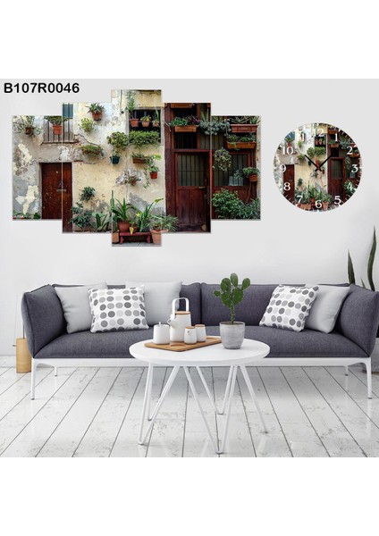 5 Parçalı Dekoratif Ahşap Duvar Tablosu ve Saati 60X124 cm