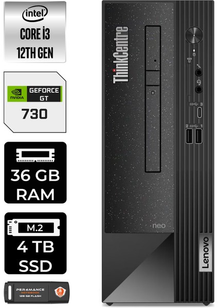 Thinkcentre Neo 50S Intel Core I3 12100 36GB 4tb SSD GT730/4GB W11H 11SX002VTX Masaüstü Bilgisayar & Per4 USB Bellek 11SX002VTXP385