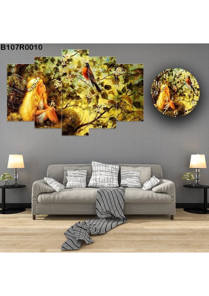 5 Parçalı Dekoratif Ahşap Duvar Tablosu ve Saati 60X124 cm