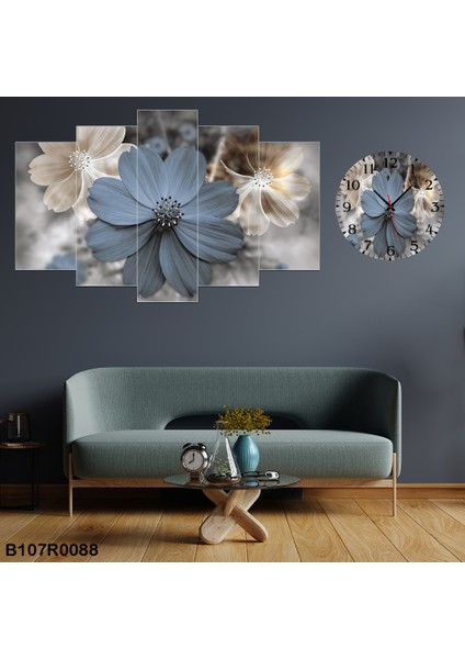 5 Parçalı Dekoratif Ahşap Duvar Tablosu ve Saati 60X124 cm
