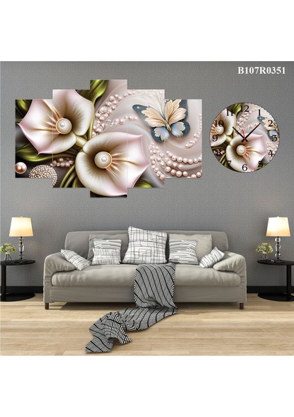 5 Parçalı Dekoratif Ahşap Duvar Tablosu ve Saati 60X124 cm