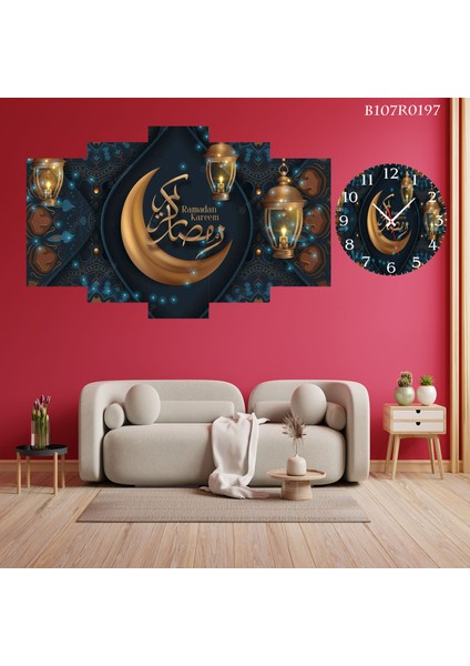 5 Parçalı Dekoratif Ahşap Duvar Tablosu ve Saati 60X124 cm