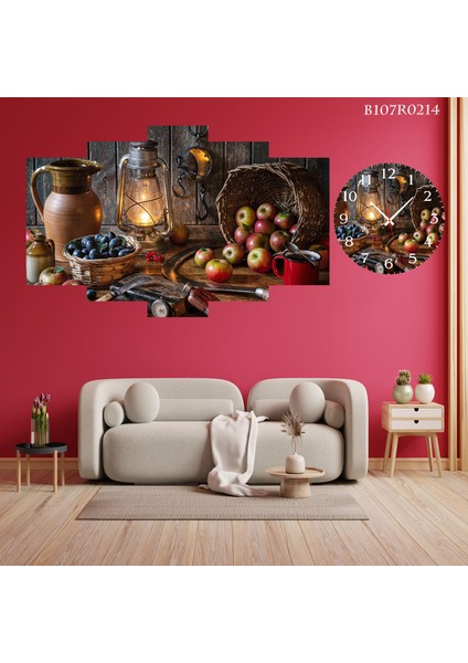 5 Parçalı Dekoratif Ahşap Duvar Tablosu ve Saati 60X124 cm