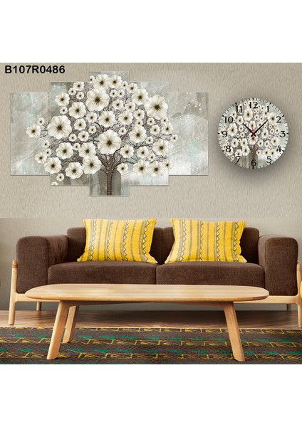 5 Parçalı Dekoratif Ahşap Duvar Tablosu ve Saati 60X124 cm