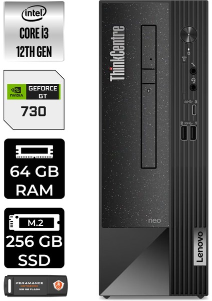 Thinkcentre Neo 50S Intel Core I3 12100 64GB 256GB SSD GT730/4GB W11P 11SX002VTX Masaüstü Bilgisayar & Per4 USB Bellek 11SX002VTXP446
