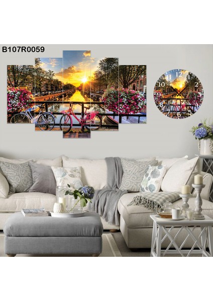 5 Parçalı Dekoratif Ahşap Duvar Tablosu ve Saati 60X124 cm