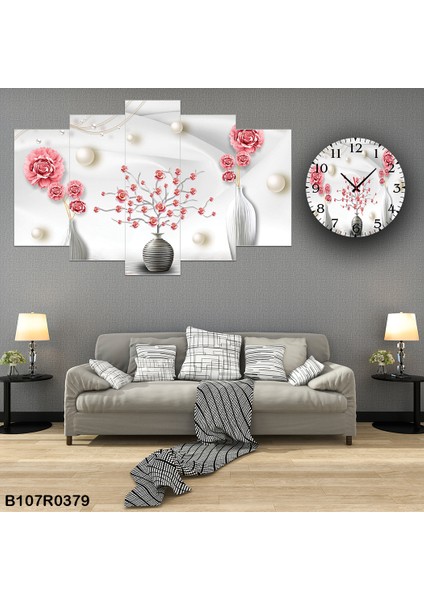 5 Parçalı Dekoratif Ahşap Duvar Tablosu ve Saati 60X124 cm