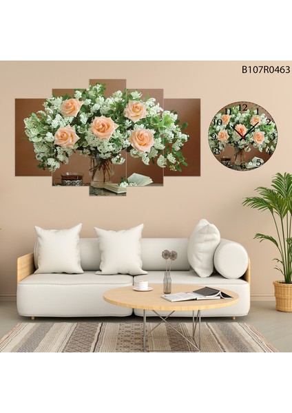 5 Parçalı Dekoratif Ahşap Duvar Tablosu ve Saati 60X124 cm