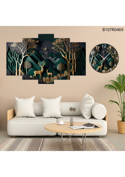 5 Parçalı Dekoratif Ahşap Duvar Tablosu ve Saati 60X124 cm