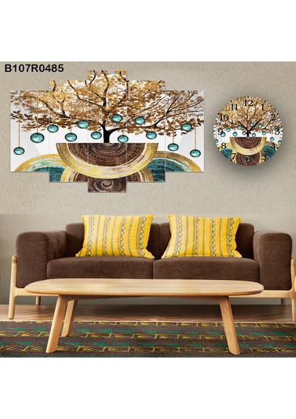 5 Parçalı Dekoratif Ahşap Duvar Tablosu ve Saati 60X124 cm
