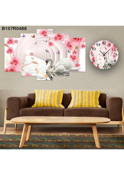 5 Parçalı Dekoratif Ahşap Duvar Tablosu ve Saati 60X124 cm