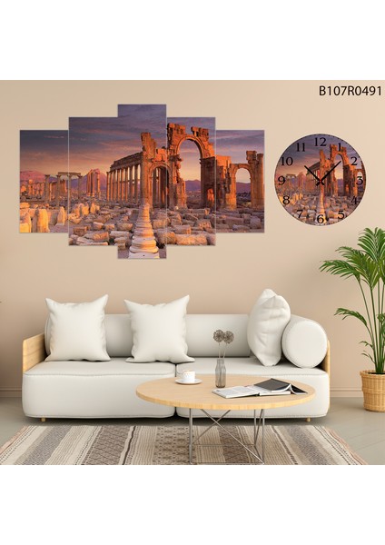 5 Parçalı Dekoratif Ahşap Duvar Tablosu ve Saati 60X124 cm