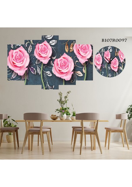 5 Parçalı Dekoratif Ahşap Duvar Tablosu ve Saati 60X124 cm