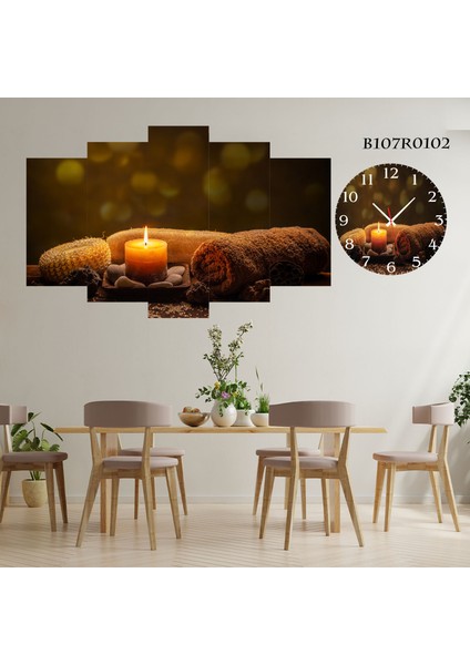 5 Parçalı Dekoratif Ahşap Duvar Tablosu ve Saati 60X124 cm