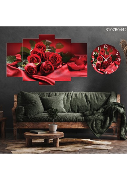 5 Parçalı Dekoratif Ahşap Duvar Tablosu ve Saati 60X124 cm