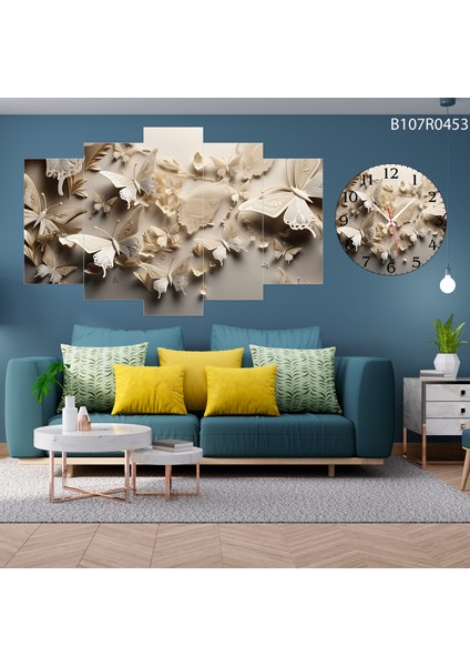 5 Parçalı Dekoratif Ahşap Duvar Tablosu ve Saati 60X124 cm