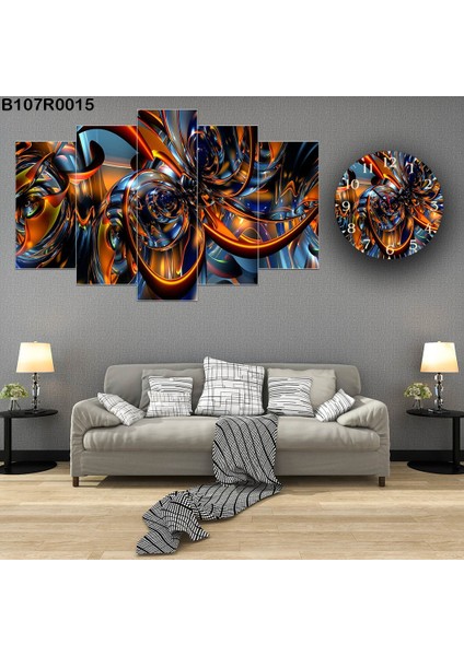 5 Parçalı Dekoratif Ahşap Duvar Tablosu ve Saati 60X124 cm