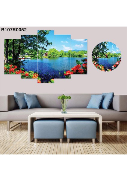 5 Parçalı Dekoratif Ahşap Duvar Tablosu ve Saati 60X124 cm