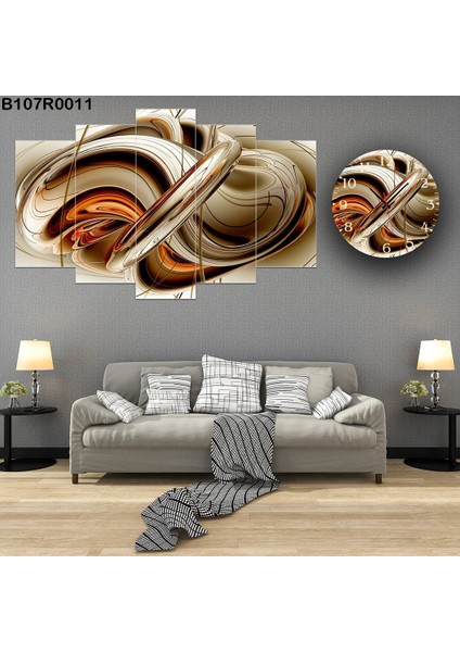 5 Parçalı Dekoratif Ahşap Duvar Tablosu ve Saati 60X124 cm