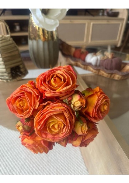 Yapay Çiçek Kuru Gül Turuncu Renk 6çiçek 4tomurcuk 10LU Demet Gelin Çiçeği Buketi