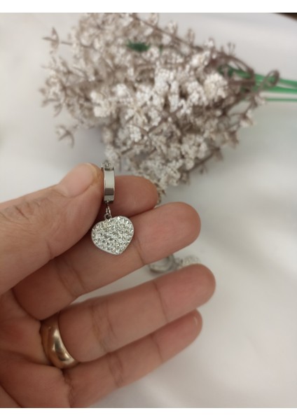 Jupiter Jewellery Çelik Gümüş Renk Taşlı Kalpli Küpe