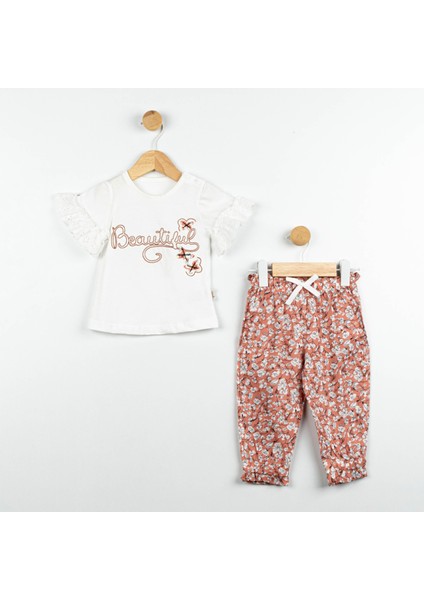 Kız Bebek Beyaz Kolları Fistolu Çiçekli Pantolonlu Takım
