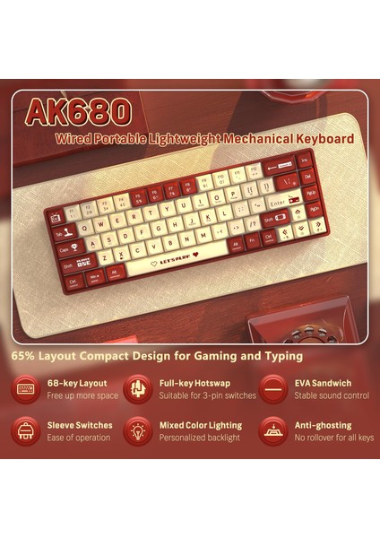 AK680 Kırmızı Switch Hot-Swap Mekanik Oyuncu Gaming Kablolu Klavye Rainbow Light Type C Kablolu