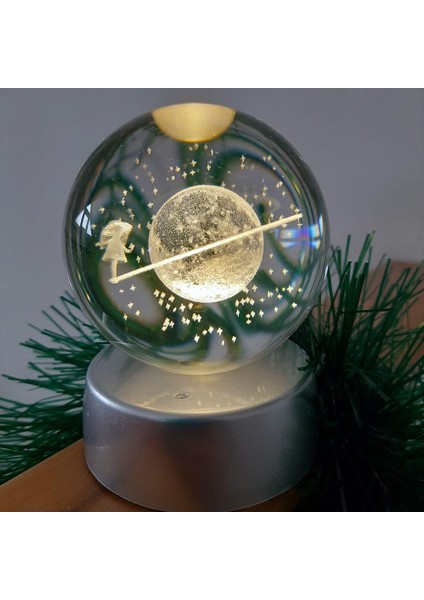Satürn Çemberinde Yürüyen Kız Işıklı Cam Küre 8cm*6cm