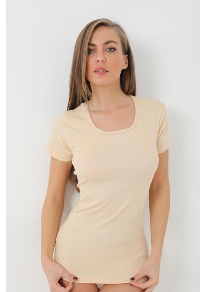 Kadın Tişört Kısa Kollu Pamuklu Ribana Ten - Xl