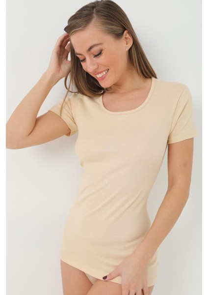 Kadın Tişört Kısa Kollu Pamuklu Ribana Ten - Xl modelleri