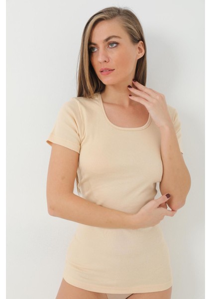 Kadın Tişört Kısa Kollu Pamuklu Ribana Ten - Xl fırsatları