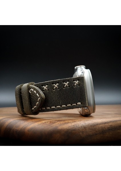 Apple Watch Uyumlu Deri Kordon Ultra Haki Deri saat kordonu